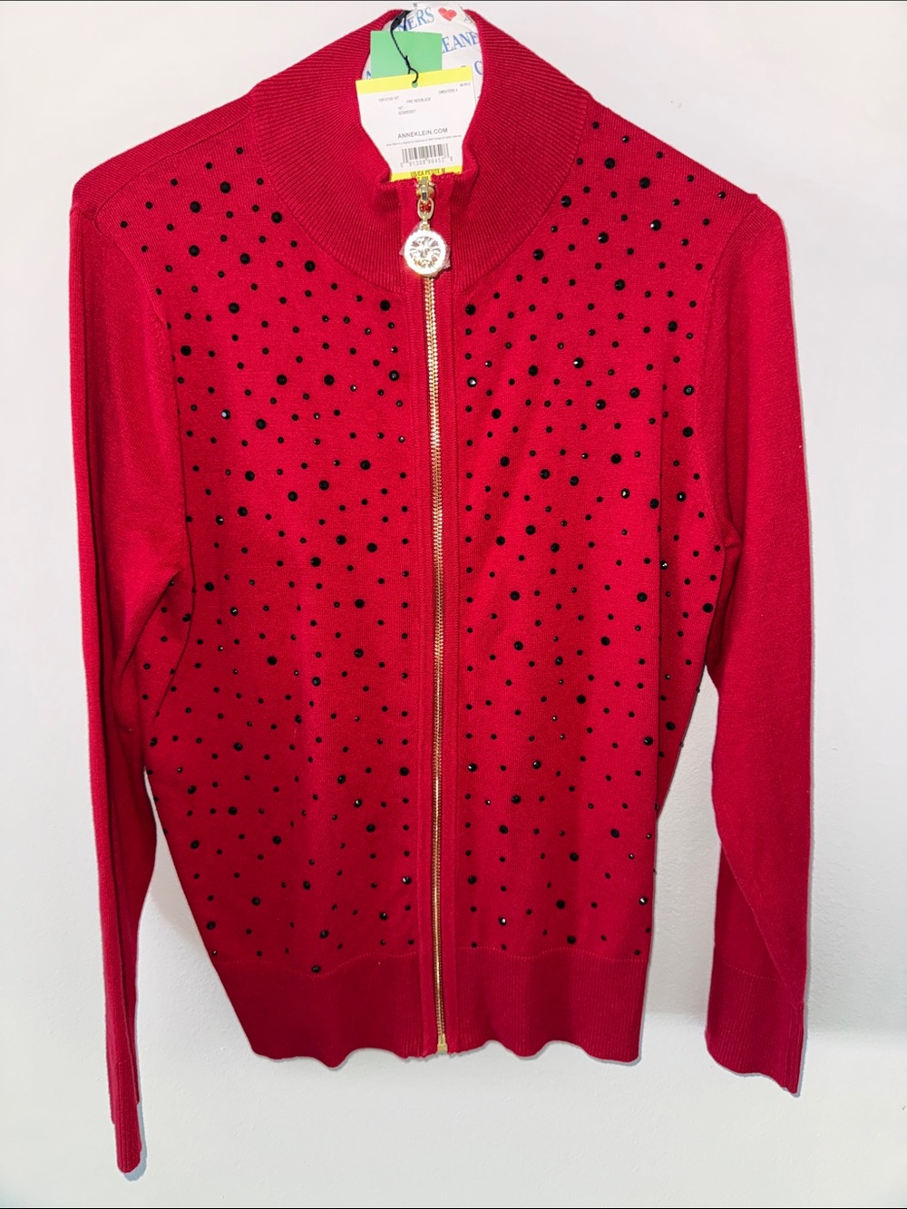 Anne Klein Red Zip-Front Cardigan with Gold Zipper and Black Studs